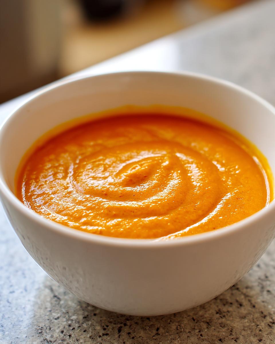 A close-up view of thick, vibrant orange squash soup swirled in a white bowl.