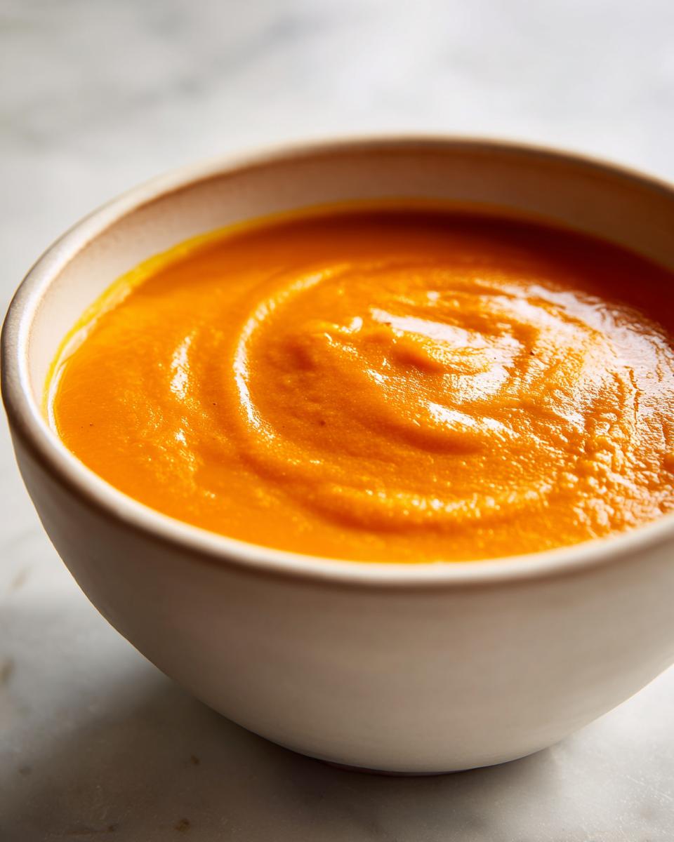 Close-up of a bowl filled with rich, creamy orange squash soup, showing swirling texture.