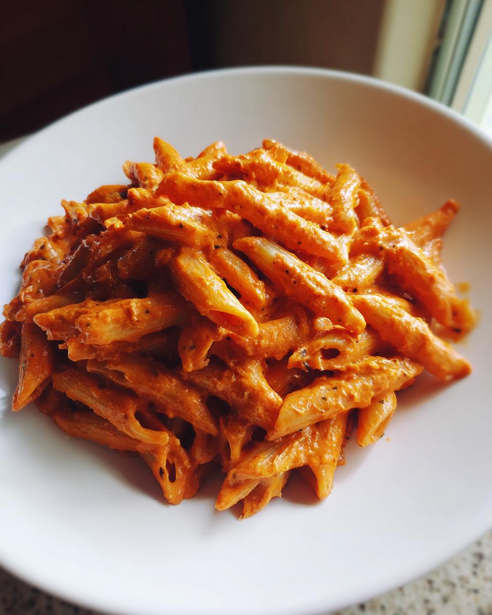 Close-up of penne pasta coated in rich, creamy tomato sauce, served in a white bowl.