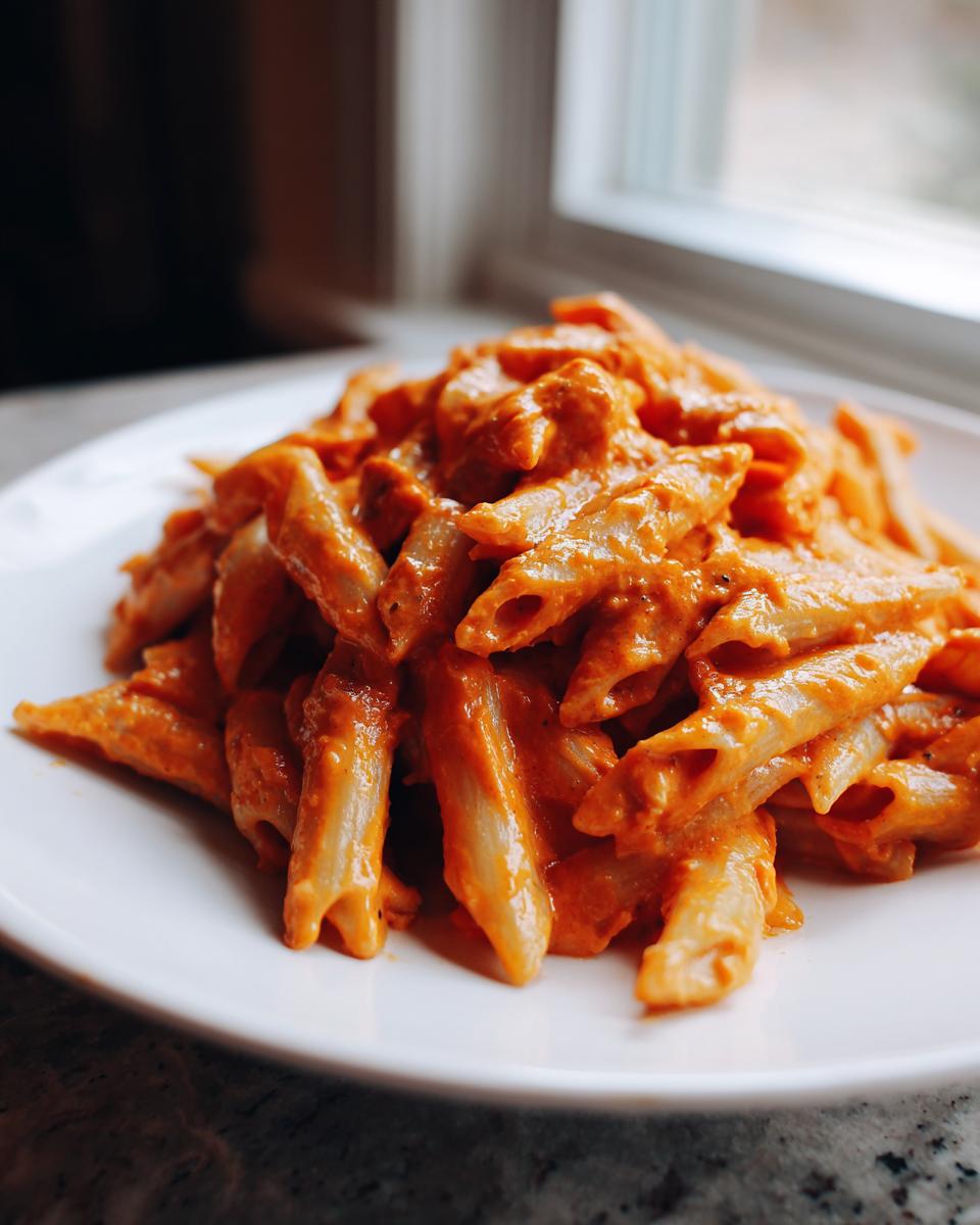 Close-up of penne pasta coated heavily in a rich, orange-hued creamy tomato pasta with boursin cheese sauce on a white plate.