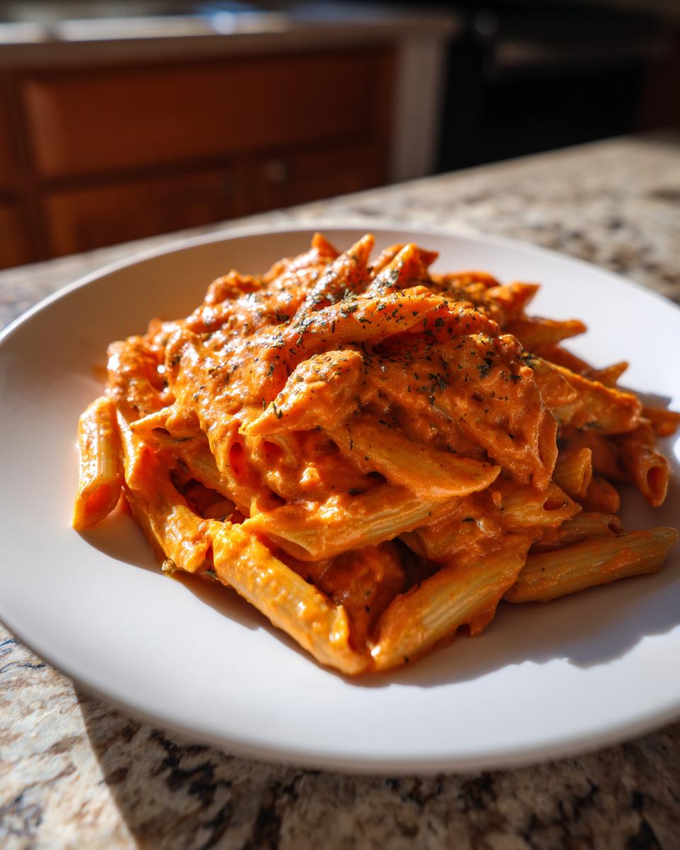 A close-up of penne pasta coated in rich, creamy tomato pasta with boursin cheese sauce, garnished with herbs.