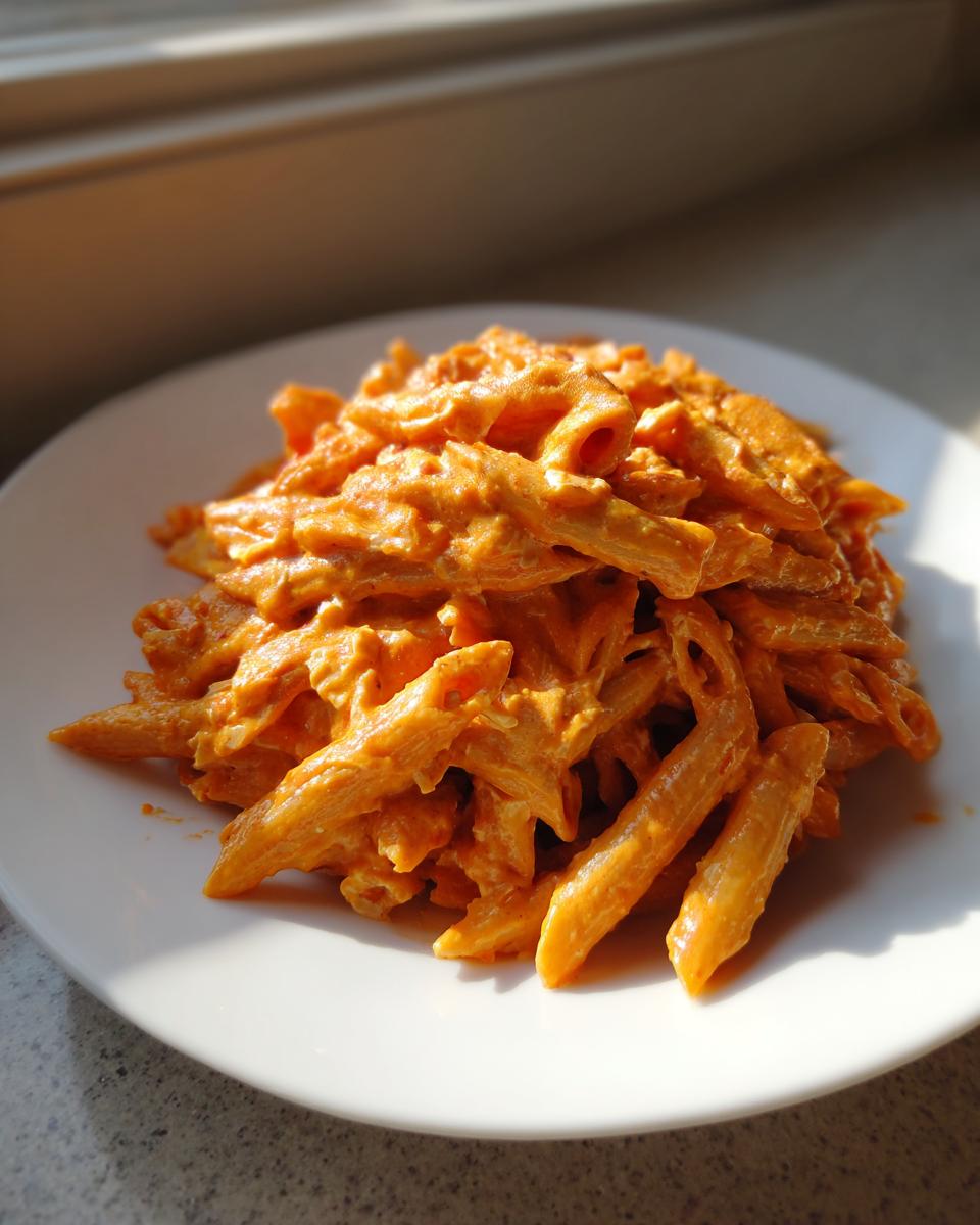 A serving of penne pasta coated in a rich, orange-hued creamy tomato pasta with boursin cheese sauce on a white plate.