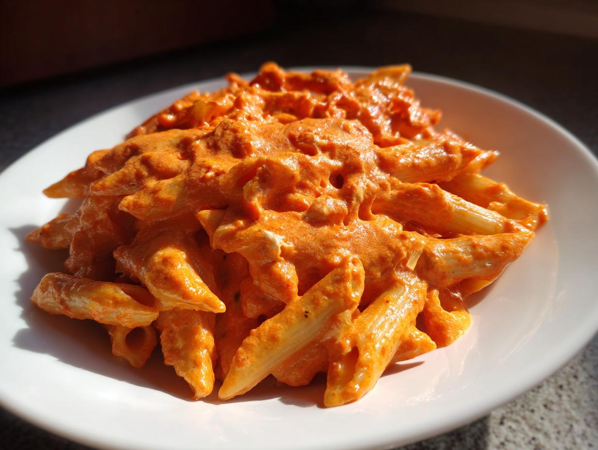 A close-up of penne pasta coated in rich, orange creamy tomato pasta with boursin cheese sauce on a white plate.