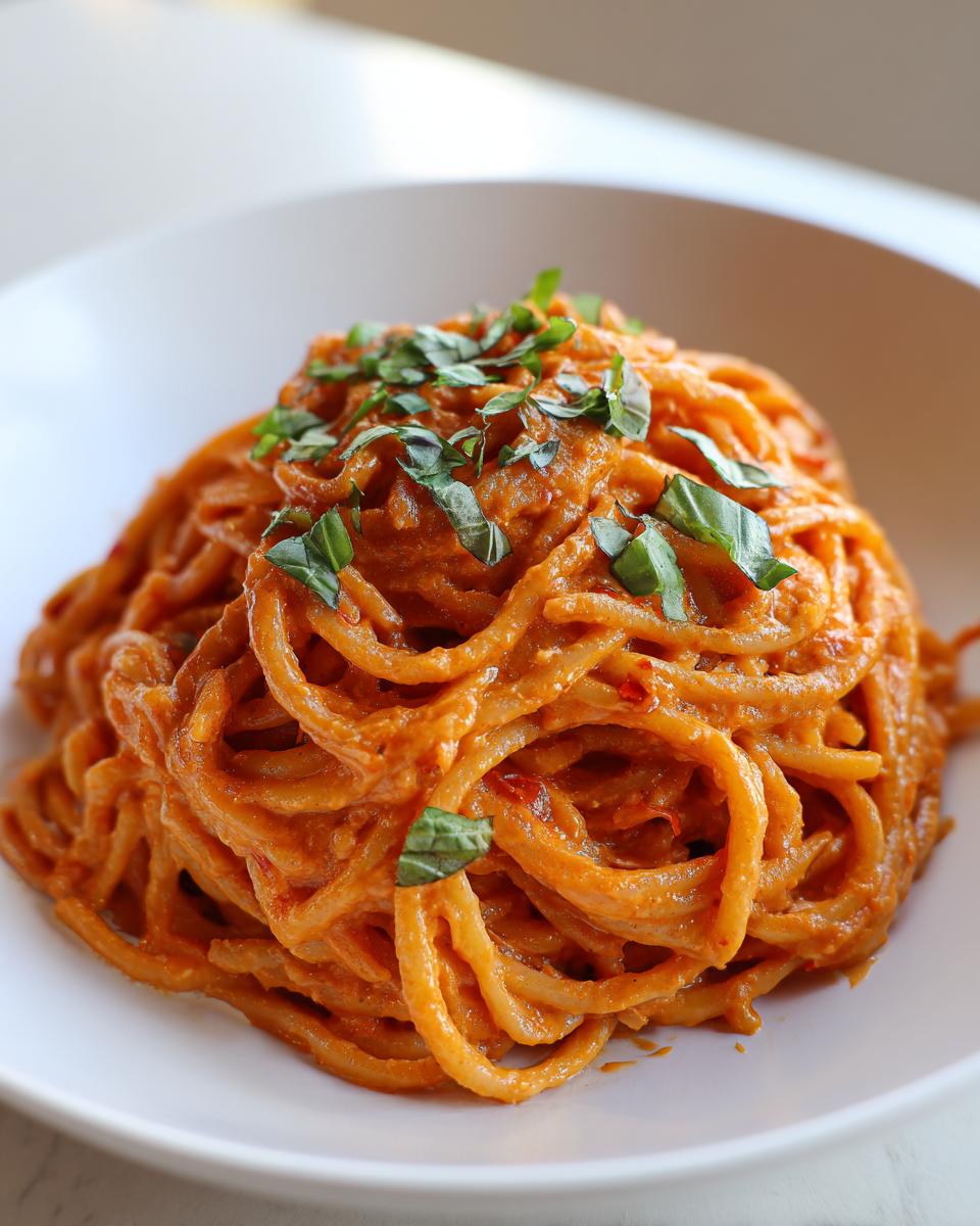 A serving of creamy tomato pasta tossed in a rich orange-red sauce and topped with fresh chopped basil.