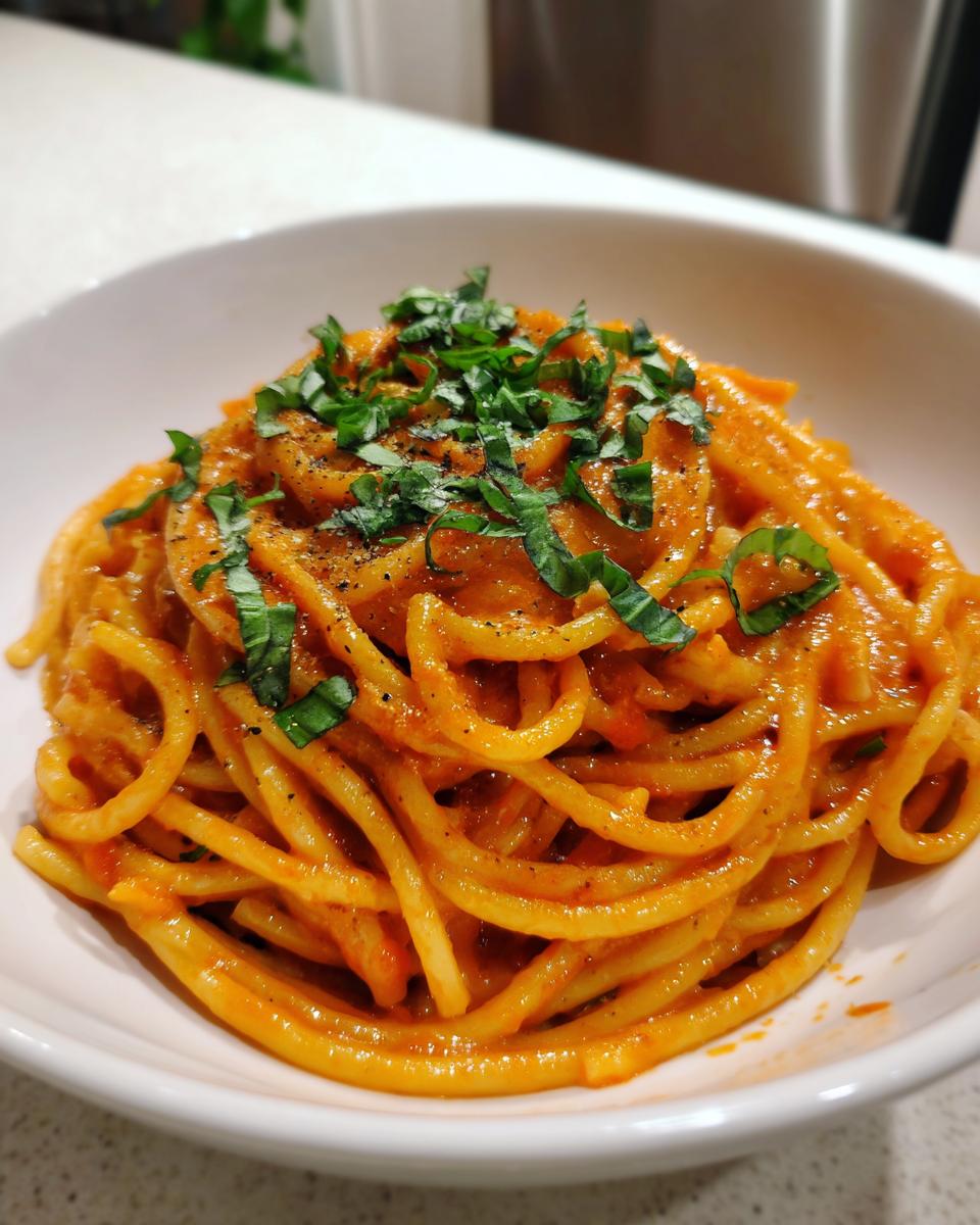 Close-up of a bowl of creamy tomato pasta coated in a rich orange sauce, topped with fresh chopped basil.
