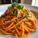 A close-up shot of a serving of creamy tomato pasta tossed in a rich orange-red sauce and topped with fresh, chopped basil.