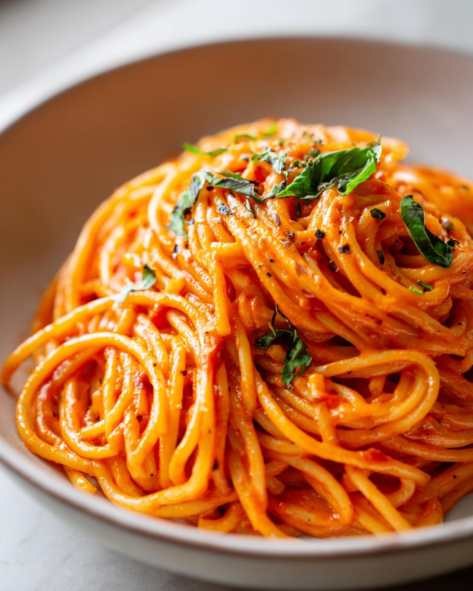 A close-up shot of perfectly twirled creamy tomato pasta topped with fresh basil leaves.