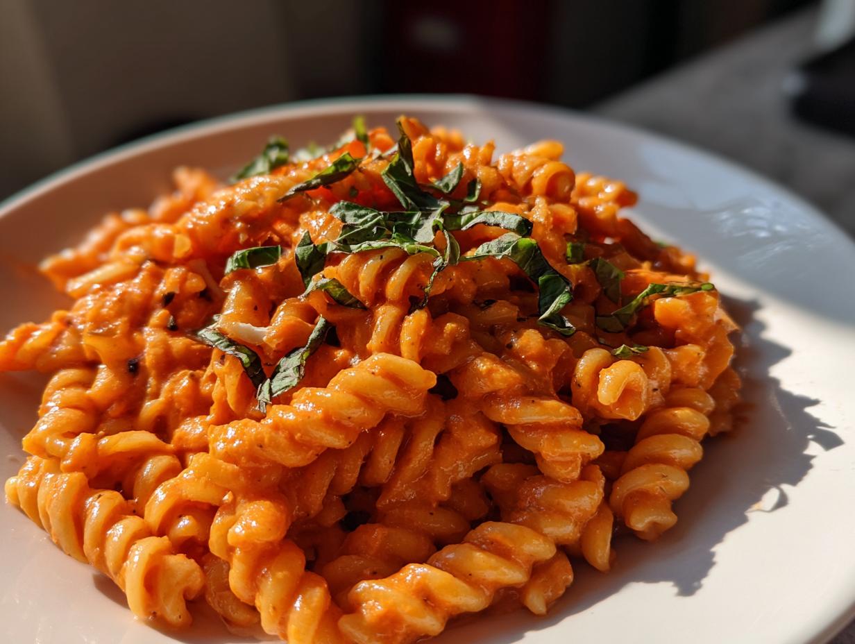 Close-up of fusilli pasta coated in rich, creamy tomato pasta sauce, topped with fresh basil.
