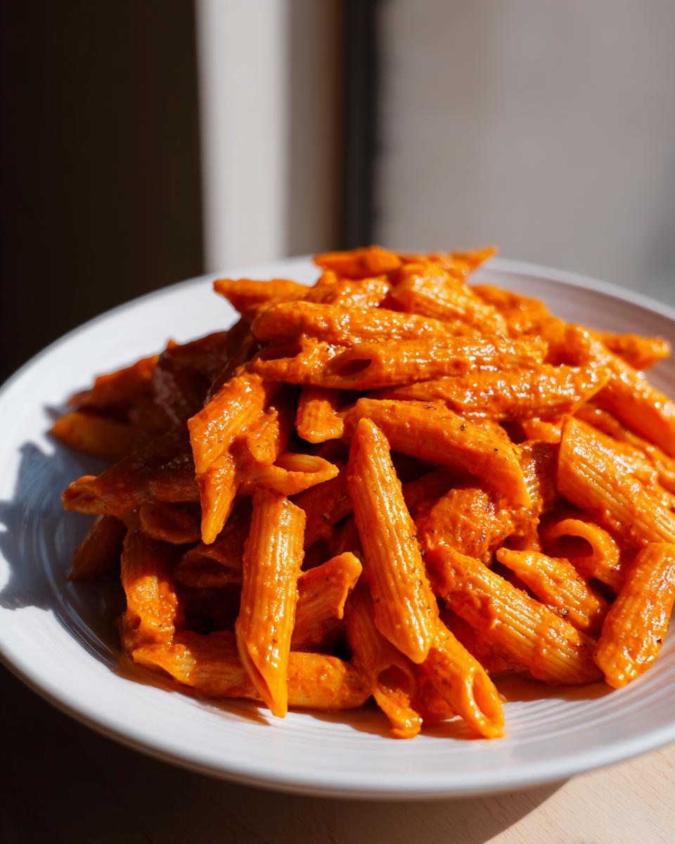 Close-up of penne pasta generously coated in vibrant, orange-red creamy tomato pasta sauce on a white plate.