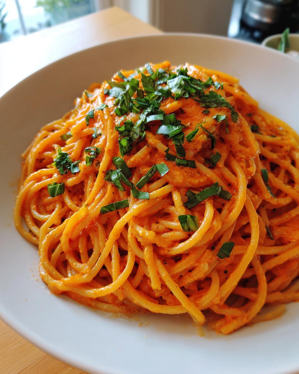 Close-up of a bowl of creamy tomato pasta topped generously with chopped fresh basil.