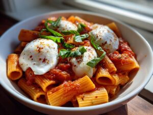 A close-up of creamy tomato pasta with burrata, garnished with fresh basil and chili flakes, served in a white bowl.