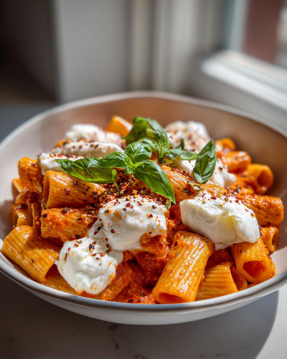 A bowl of creamy tomato pasta with burrata, topped with fresh basil and red pepper flakes.