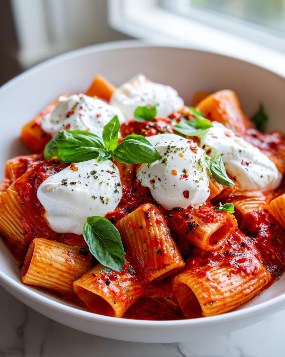 Close-up of creamy tomato pasta with burrata dollops, fresh basil, and herbs in a white bowl.