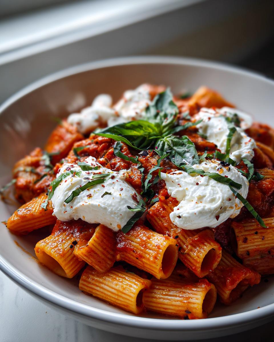 Close-up of creamy tomato pasta with rigatoni noodles topped generously with dollops of burrata cheese, fresh basil, and chili flakes.