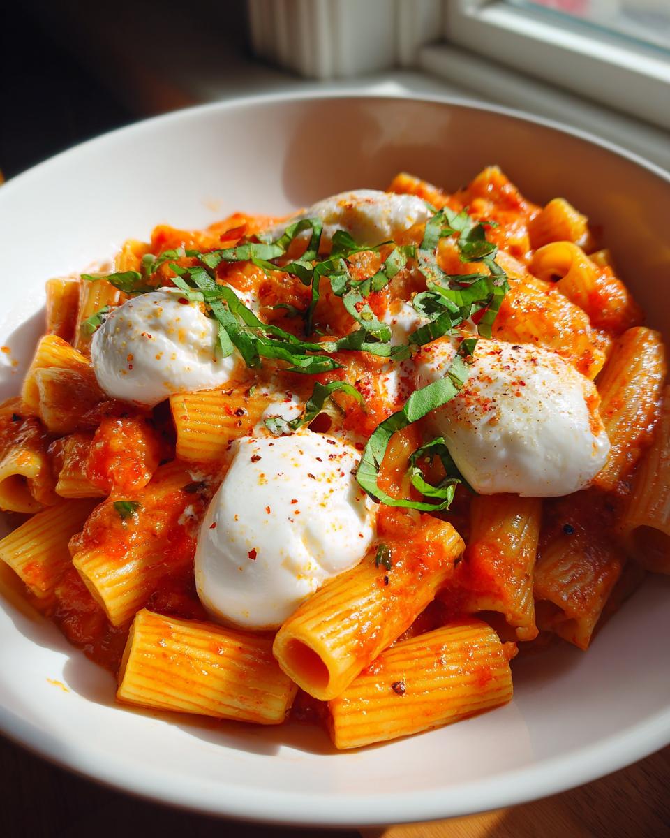 Close-up of creamy tomato pasta with rigatoni, topped with dollops of fresh burrata, basil, and chili flakes.