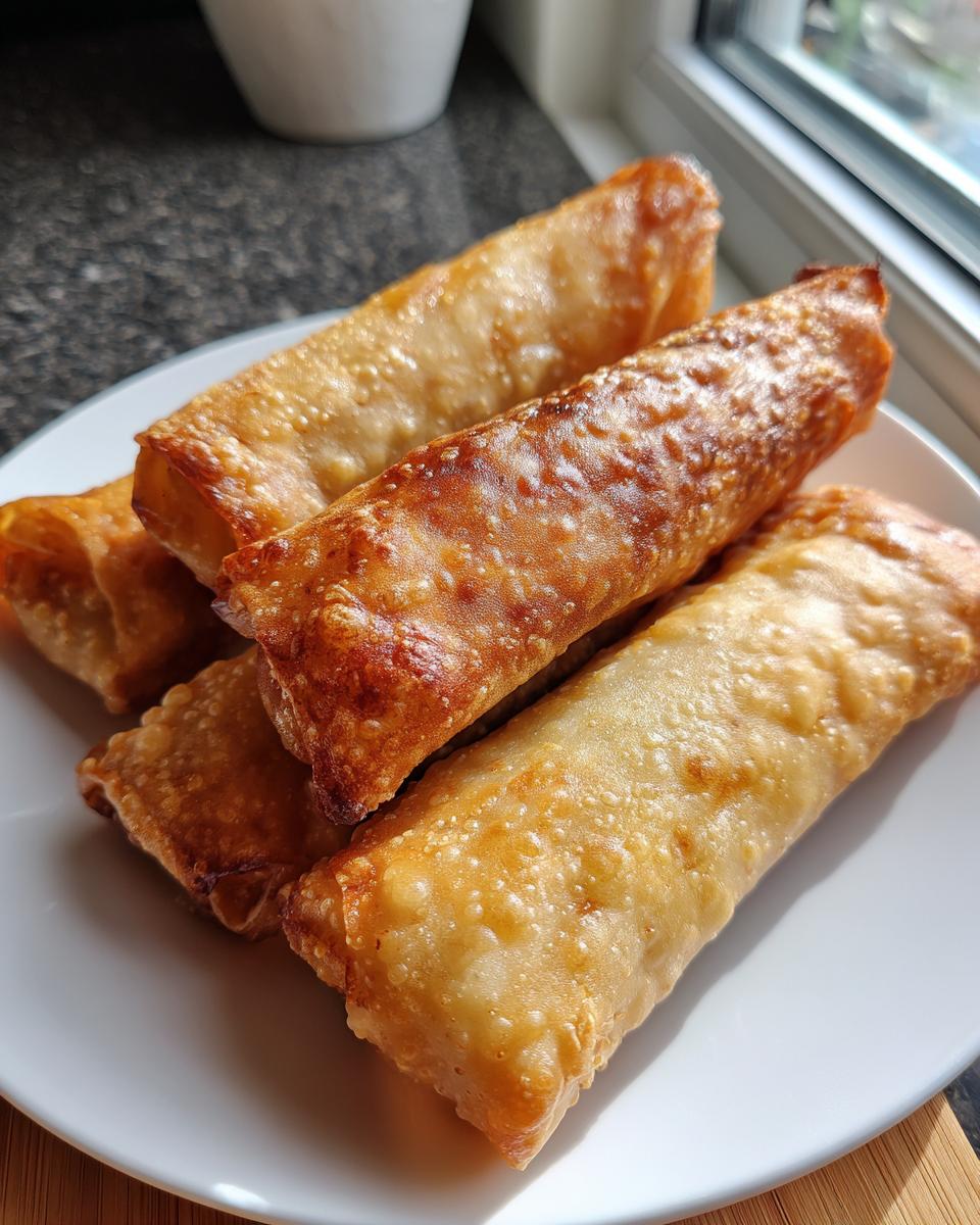 Four golden brown, crispy bacon cheeseburger egg rolls stacked on a white plate near a window.