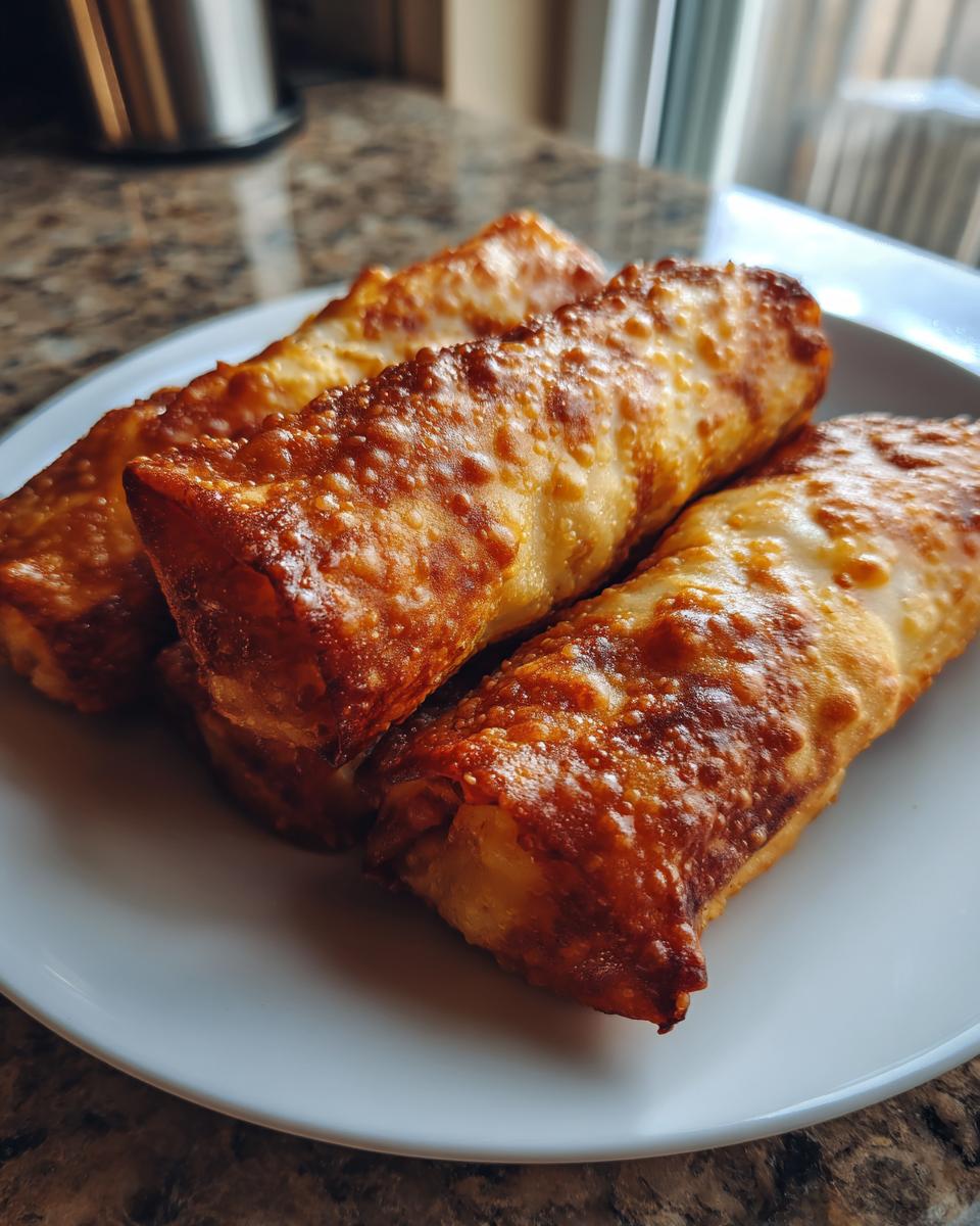 Three golden brown, crispy bacon cheeseburger egg rolls stacked on a white plate.