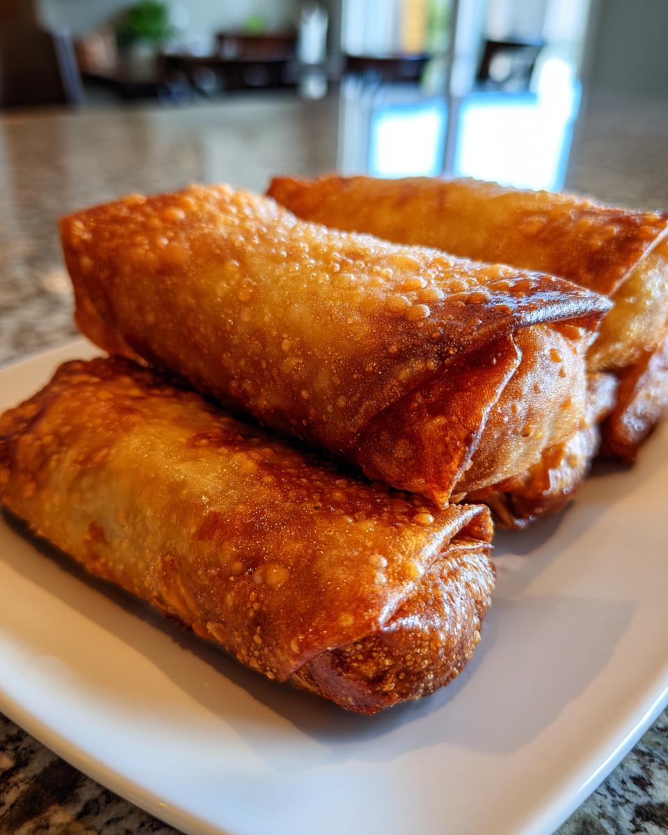 Close-up of several golden brown, crispy bacon cheeseburger egg rolls stacked on a white rectangular plate.