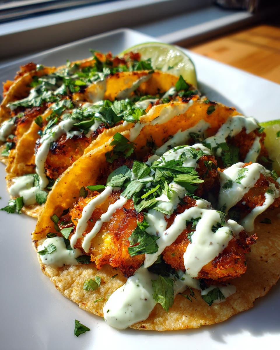 Three crispy, golden baja fish tacos topped with a drizzle of light green crema and fresh cilantro.