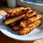 A close-up of a pile of golden brown, crispy baked chicken tenders stacked high on a white plate.