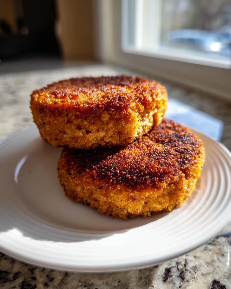 Two golden brown, crispy baked salmon patties stacked slightly on a white plate, highlighted by sunlight.