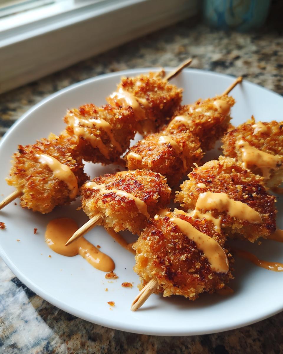Close-up of crispy, breaded bang bang chicken skewers air fryer pieces drizzled with orange sauce on a white plate.