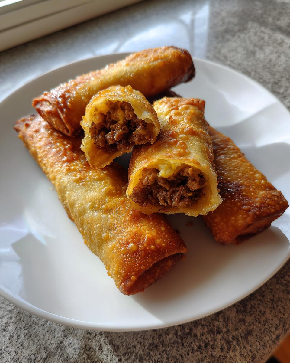 Close-up of golden brown, crispy cheeseburger egg rolls, one cut open to show the savory ground beef filling.