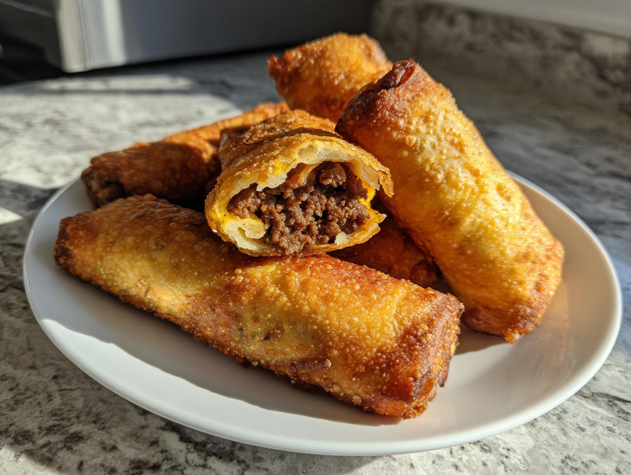 A plate piled high with golden brown, crispy cheeseburger egg rolls, one cut open showing the savory ground beef filling.