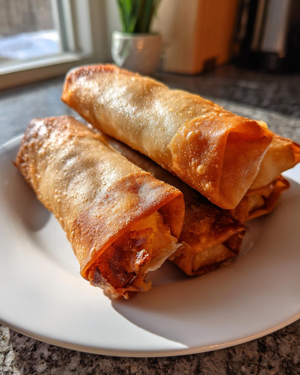 Close-up of three crispy, golden-brown cheeseburger egg rolls stacked on a white plate near a sunny window.