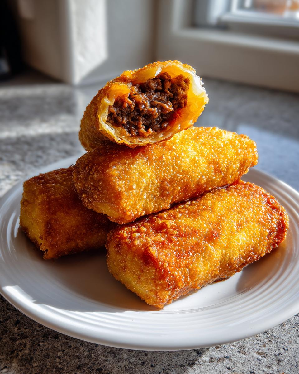 A stack of golden brown, crispy cheeseburger egg rolls, with one cut open revealing the savory ground beef filling.