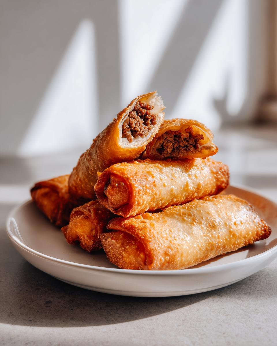 A stack of golden brown, crispy cheeseburger egg rolls on a white plate, one cut open showing the savory ground beef filling.
