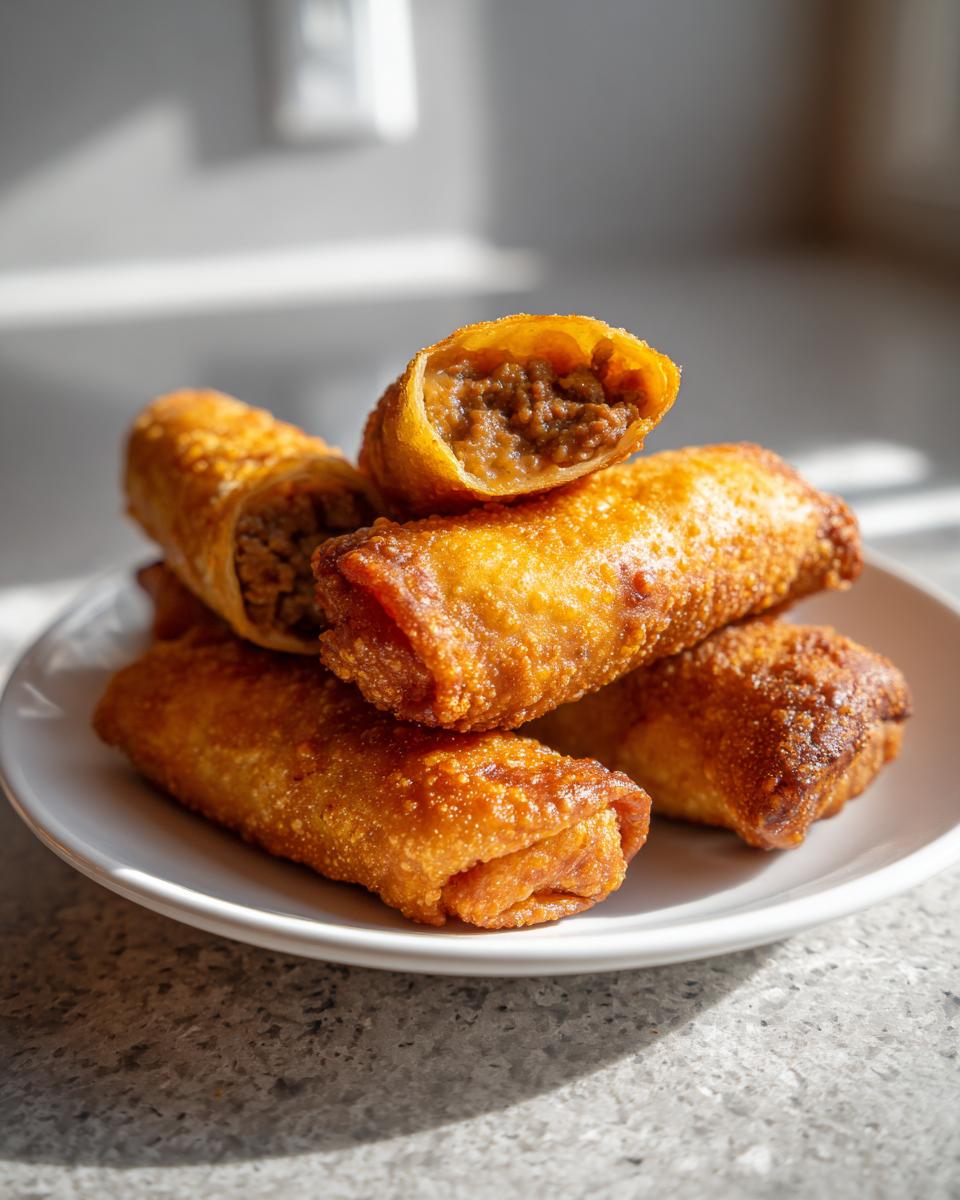A stack of golden brown, crispy cheeseburger egg rolls on a white plate, one is cut open revealing the savory filling.