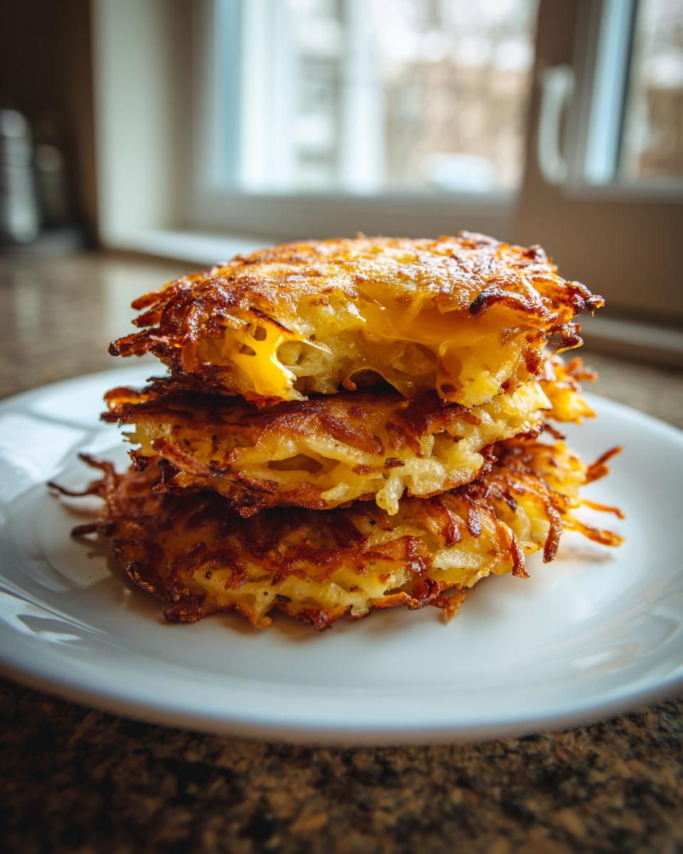 Three golden-brown, crispy cheesy potato pancakes stacked on a white plate.