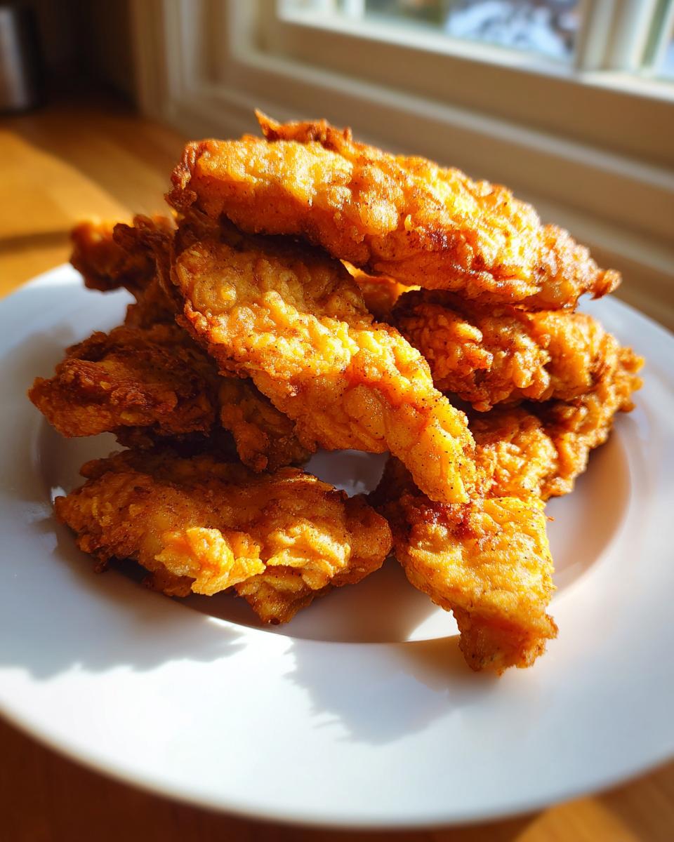 A close-up stack of golden brown, crispy homemade chicken tenders resting on a white plate, illuminated by sunlight.