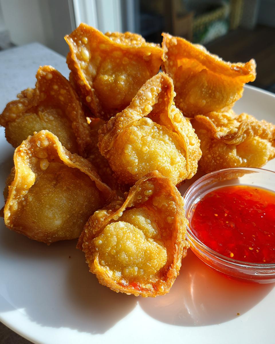 A pile of golden, crispy crab rangoons served on a white plate next to a small bowl of bright red sweet chili dipping sauce.