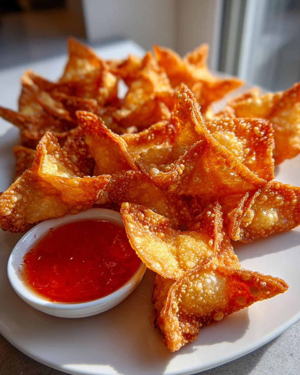 A pile of golden brown, crispy crab rangoons served on a white plate next to a small bowl of sweet chili dipping sauce.