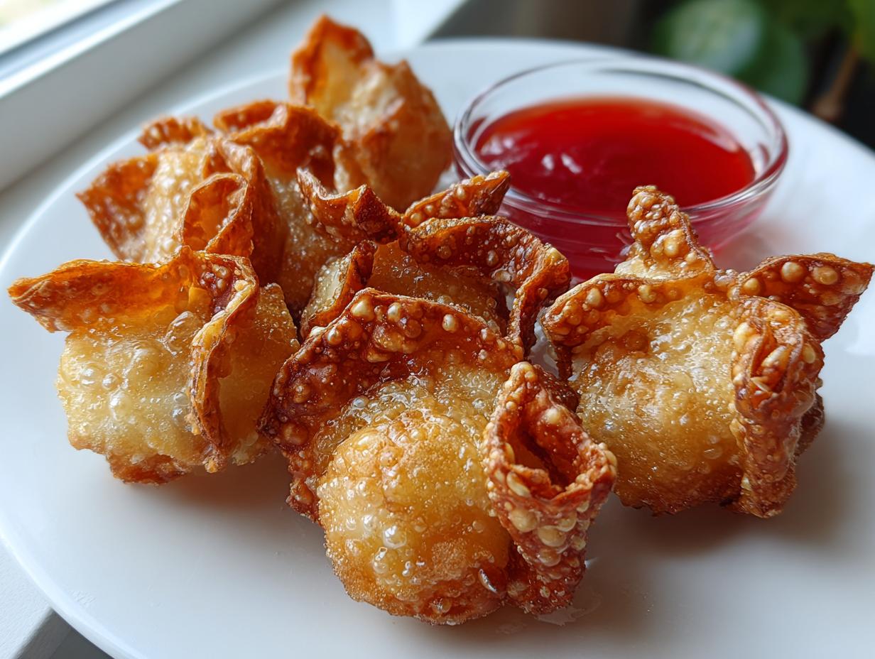 A close-up of several golden brown, crispy crab rangoons served on a white plate with a small bowl of bright red dipping sauce.