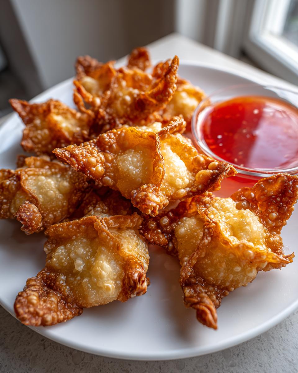 A plate of golden brown, crispy crab rangoons served with a small bowl of bright red sweet chili dipping sauce.