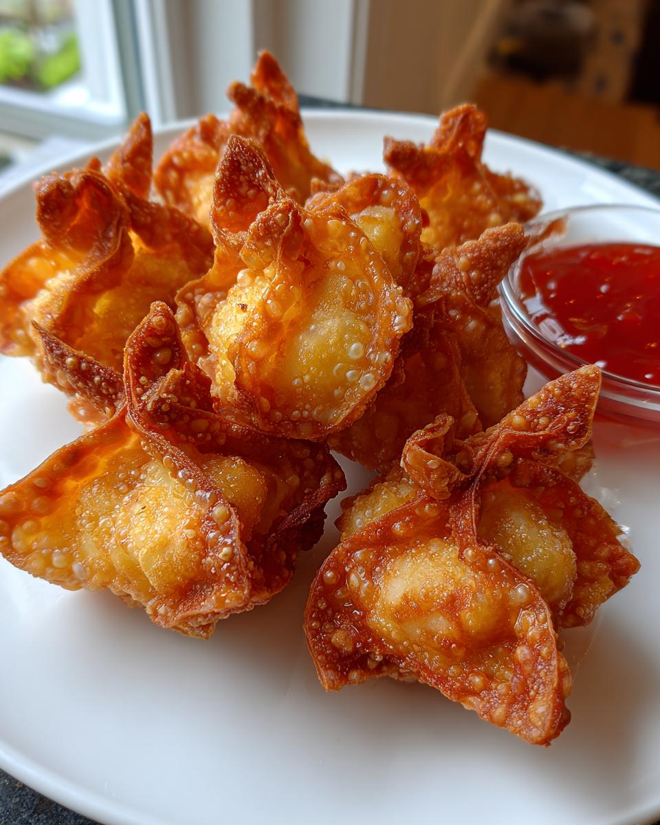 A pile of golden brown, crispy crab rangoons served on a white plate next to a small bowl of sweet chili sauce.