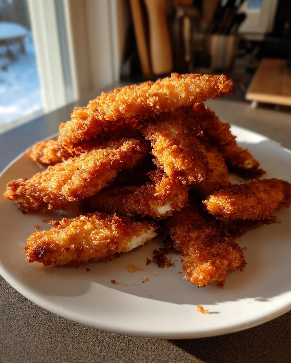 A mound of perfectly golden brown, crispy chicken tenders piled high on a white plate, illuminated by sunlight.