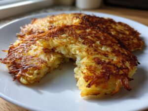 Close-up of perfectly crispy potato pancakes shredded, golden brown, served on a white plate.