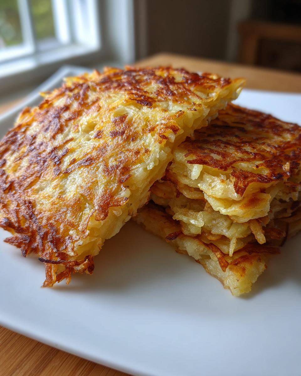 A stack of golden-brown, crispy potato pancakes shredded from potatoes, served on a white plate.
