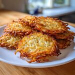A stack of perfectly golden brown, crispy potato pancakes shredded, served on a white plate.