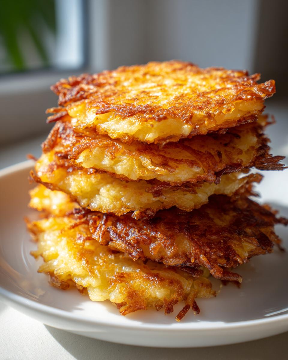 A tall stack of five golden brown, crispy potato pancakes shredded to perfection, resting on a white plate.