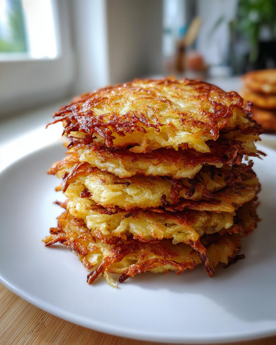 A tall stack of golden brown, crispy potato pancakes shredded, served on a white plate.