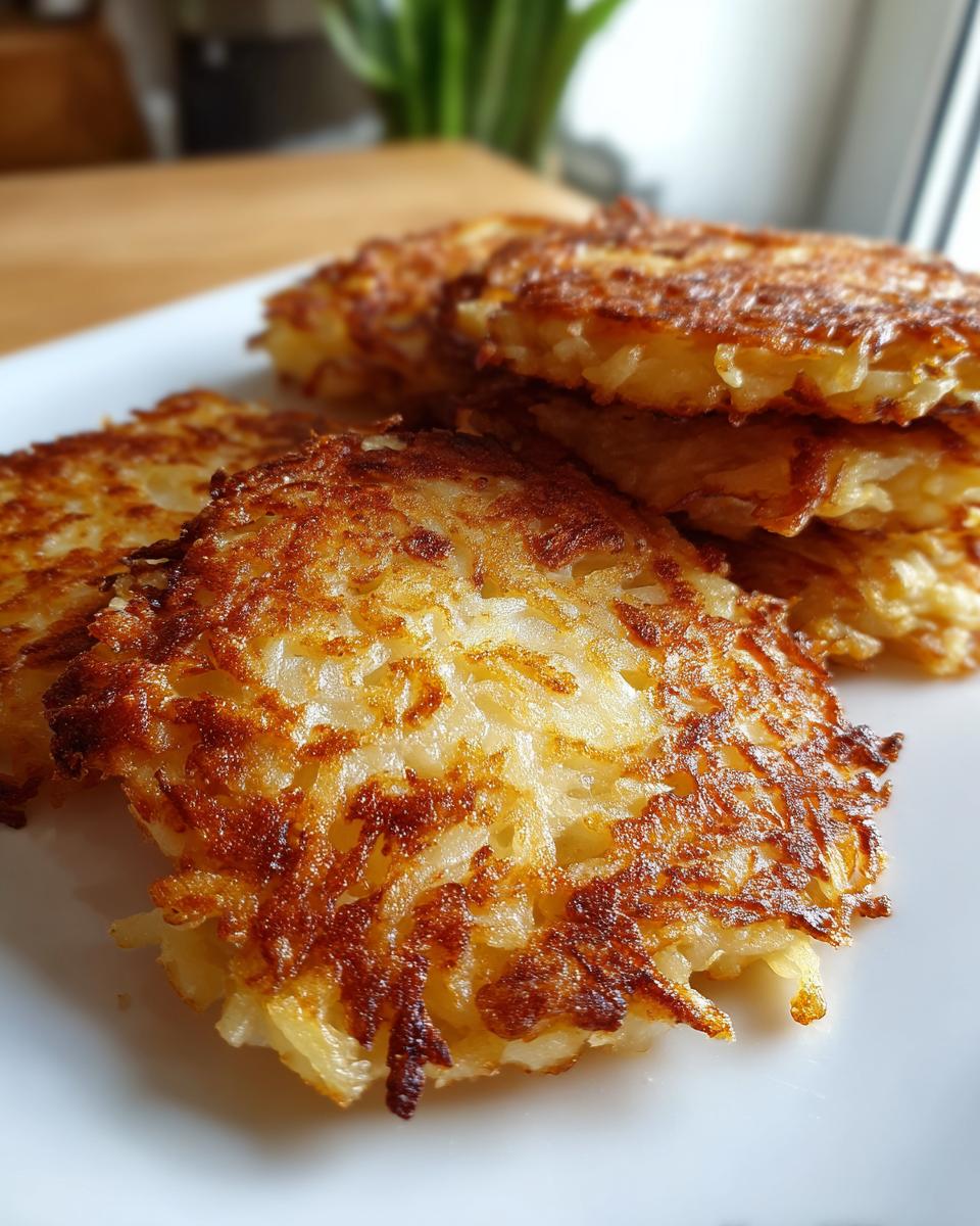 Close-up of several golden-brown, crispy potato pancakes shredded, stacked on a white plate.