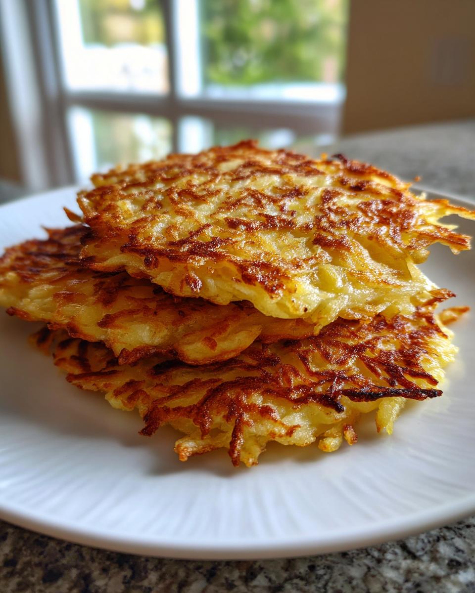 A close-up of three golden-brown, crispy potato pancakes stacked on a white plate.