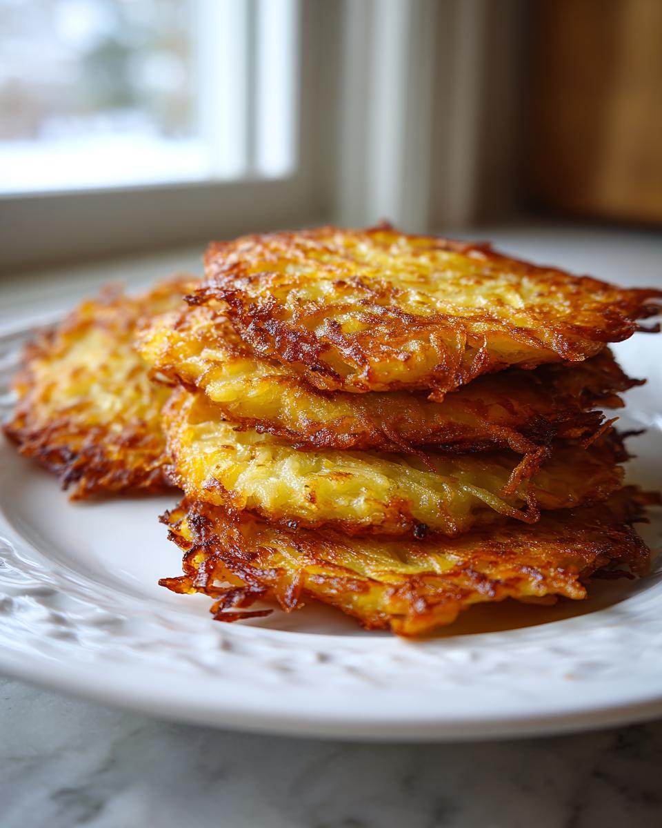 A stack of four golden brown, crispy potato pancakes served on a white plate near a window.