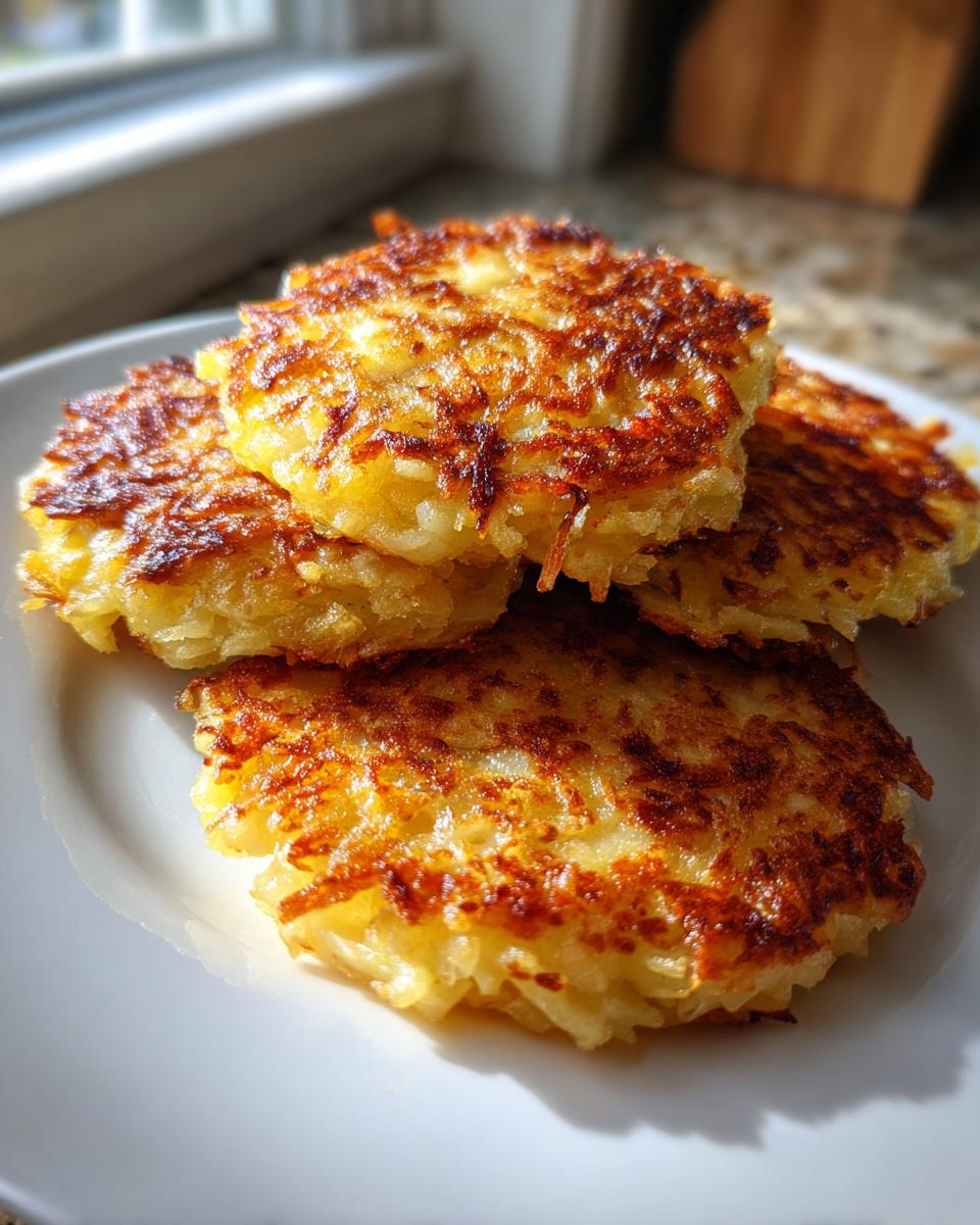 A stack of four golden-brown, crispy potato pancakes served on a white plate.