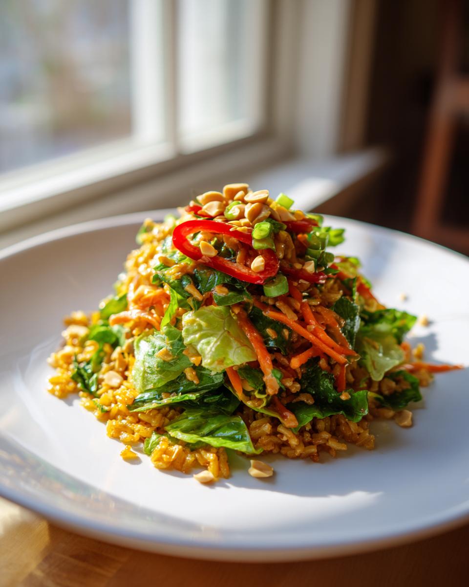 A vibrant serving of crispy rice salad with peanut sesame dressing, topped with shredded carrots, greens, and peanuts.